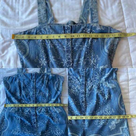 SOLD BENJAMIN BITTEN Chambray Denim Paisley Print Tie Back Button Front Romper - Picture 13 of 16